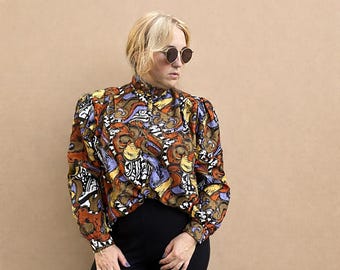 Authentische 70er Jahre Vintage Bluse | Psychedelisches Muster | Statement Retro Oberteil mit Puffärmeln