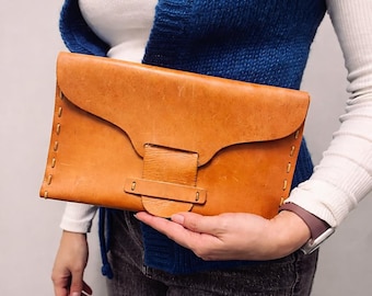 Leather Clutch Bag • Tan Brown Envelope Style Leather Bag • Minimalist Handmade Accessory