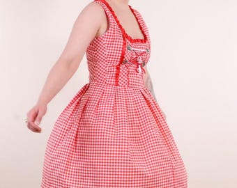 Vintage Dirndl Trachten Traditional Folk Gingham Check Dress in Red and white M