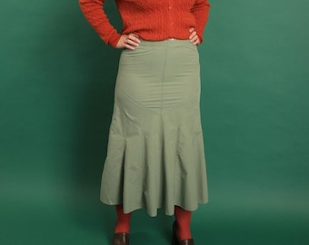 Y2K Cotton midi flared mermaid skirt in sage green M/L, GB12