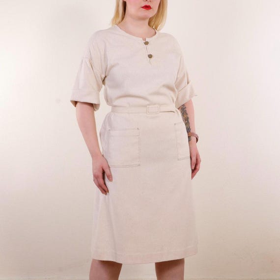 Vintage 70s French silk kimono minimalist dress with pockets in off-white, Size M