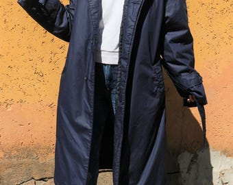 Minimalist long puffer coat in navy blue L/XL, Oversized 90s trench coat, LIKE NEW