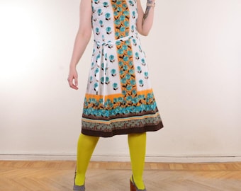 70s Vintage Hippie boho Retro Floral Jersey A-line Sleeveless dress ~M