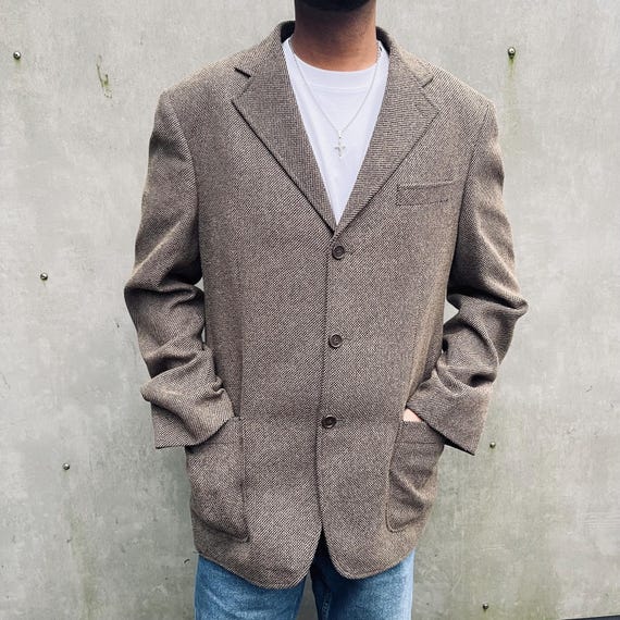 Vintage 90s Mens Tweed Blazer Brown Wool Blend Jacket, Classic Tailored Sport Coat, Size L XL