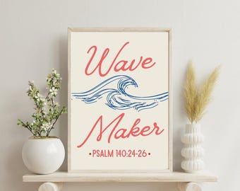 Wave Maker Christian Print: Retro Coastal Bible Verse Art (Digital Download)