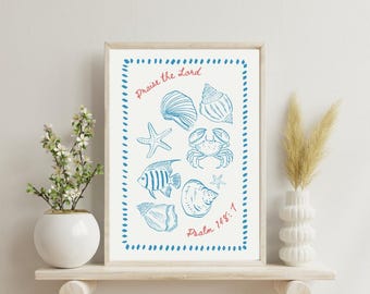 Retro Coastal Christian Print: Psalm 148, Sea Life Line Art (Digital Download)