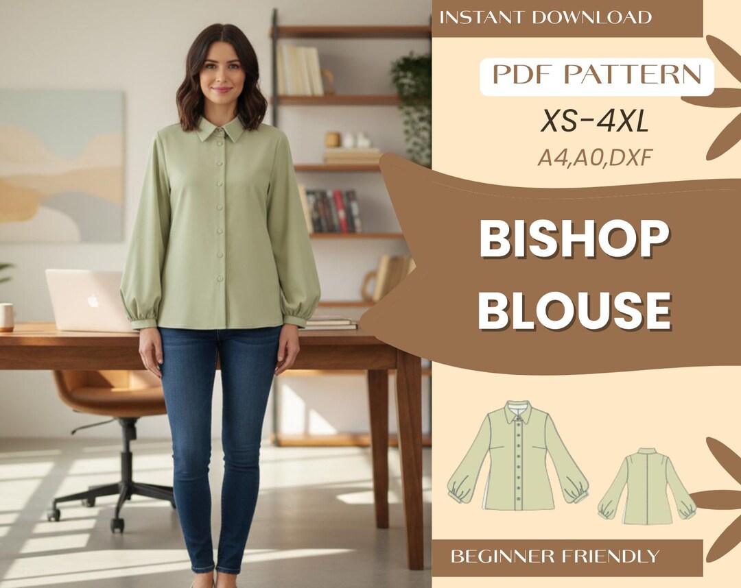 Bishop Sleeve Blouse Sewing Pattern PDF | Button-up Shirt XS–4XL - Etsy