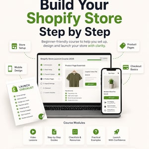 May include: An advertisement for a beginner-friendly course to build a Shopify store. The image shows a laptop and smartphone displaying product pages, a checklist, and icons for store setup, product pages, and checkout basics. The text reads "Build Your Shopify Store Step by Step."