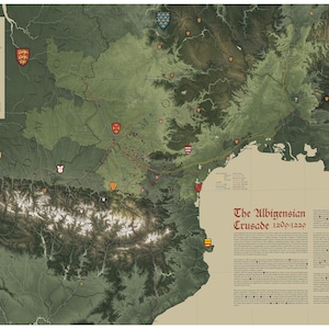 Puede incluir: Un mapa detallado que representa la Cruzada Albigense de 1209-1229, con detalles geográficos y marcadores históricos. El mapa utiliza una paleta de colores apagados de verdes, marrones y beiges, con texto y símbolos heráldicos.