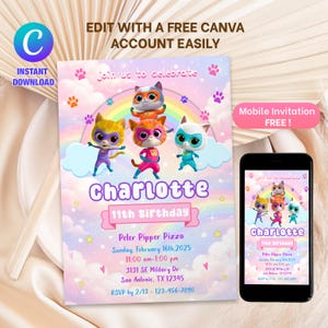 May include: A colourful birthday invitation with cartoon cat characters, a rainbow, and the name "Charlotte." The invitation includes event details like the date, time, and location, with the text "Edit with a free Canva account easily."