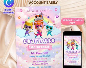 Girl Super Kitties Birthday Invitation Template Super Kitties Invitation Digital Cat Girl Invite Template Kitty Cat Party Invite