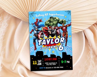 Modèle modifiable d'invitation d'anniversaire de super-héros, invitation d'anniversaire de Spider-Man Iron Man, modèle modifiable de fête d'Avengers