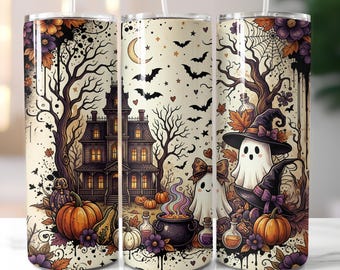 Diseño PNG de vaso con fantasma de Halloween, vaso delgado de 20 oz para sublimación, diseño de calabaza de otoño para descargar.
