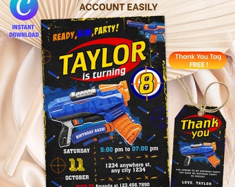 Modèle d'invitation d'anniversaire Nerf modifiable pour enfants, invitations de fête d'anniversaire Nerf imprimables, modèle numérique d'invitation de fête d'enfants