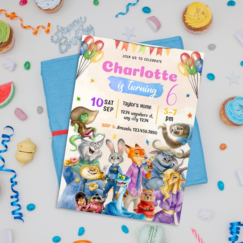 May include: A colorful birthday party invitation featuring the text "Charlotte is turning 6". The invitation includes cartoon characters and balloons. The date is September 10th, with the time from 5-7 PM. RSVP to Amanda.