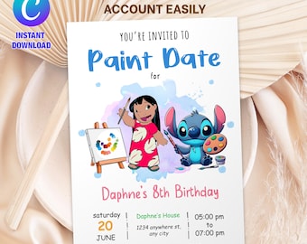 Invitación para fiesta temática de Stitch Art, invitación digital, plantilla de Canva, fiesta de Stitch, fiesta de arte, invitación editable para fiesta de cumpleaños de arte