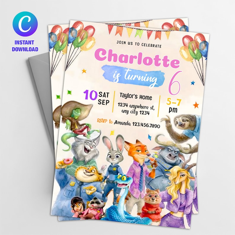 Zootopia 2 Birthday Invite Editable Template, Zootopia digital download, Judy Hopps, Zootropolis Invitation image 2