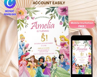 Faire-part d'anniversaire princesse, faire-part princesse Disney, faire-part d'anniversaire, faire-part numérique, faire-part d'anniversaire imprimable