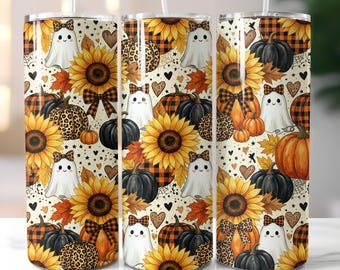 Diseño PNG para vaso de fantasma de Halloween, sublimación para vaso delgado de 20 oz, descarga de diseño para calabaza de otoño con estampado de girasol y leopardo