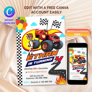 May include: A birthday invitation featuring a red monster truck and the text "Ethan is Turning 4." The design includes a race track, flames, and a cartoon character. The invitation is available for instant download.