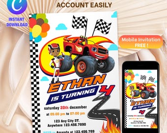 Faire-part d'anniversaire de Blaze et les Monster Machines | Invitation anniversaire Blaze | Invitations d'invitation Blaze | Modifiable Imprimable | Téléchargement instantané