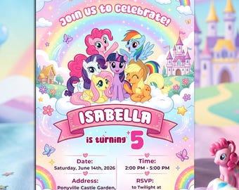 Invitación de cumpleaños de My Little Pony, Rainbow Dash, Pinkie Pie, invitación digital editable para fiesta de ponis, tarjeta de cumpleaños imprimible de MLP para niñas