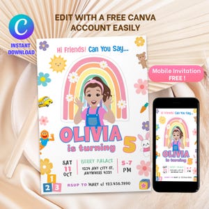 May include: A birthday party invitation featuring a cartoon girl, a rainbow, and the text "Olivia is turning 5." The design includes flowers, a sun, and a mobile phone displaying the invitation. The invitation is available for instant download.