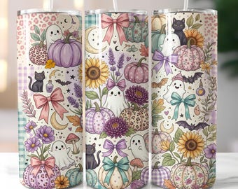 Diseño PNG para vaso de fantasma de Halloween, sublimación para vaso delgado de 20 oz, descarga de diseño para calabaza de otoño con estampado de girasol y leopardo