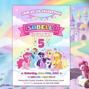 May include: A colorful invitation with the text "Join us to Celebrate!" and "Isabella is turning 5". The invitation features cartoon ponies and a castle background. The date is Saturday, June 14th, 2026, from 2:00 PM to 4:00 PM.