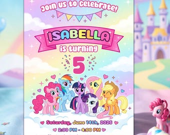 My Little Pony födelsedagsinbjudan, Rainbow Dash, Pinkie Pie, digital redigerbar ponnyfestinbjudan, utskrivbart flickor MLP födelsedagskort