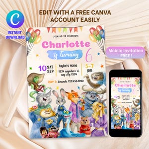 May include: A birthday party invitation featuring the text "Charlotte is turning 6" with colorful balloons and cartoon animal characters. The invitation includes event details and a mobile invitation option.