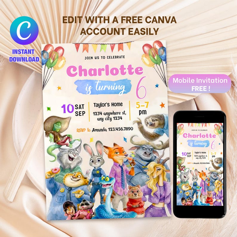 May include: A birthday party invitation featuring the text "Charlotte is turning 6" with colorful balloons and cartoon animal characters. The invitation includes event details and a mobile invitation option.