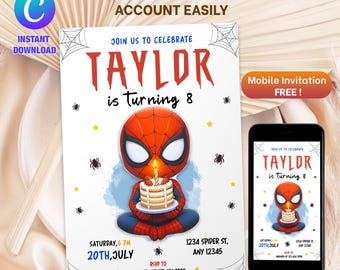 Invitation Spiderman, fête d'anniversaire, Invitation d'anniversaire Spiderman, Invitation modifiable aquarelle Spiderman, carte numérique imprimable Spiderman