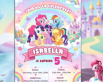 Mein kleines Pony-Geburtstagseinladung, Rainbow Dash, Pinkie Pie, digital bearbeitbare Pony-Party einladen, druckbare Mädchen MLP Geburtstagskarte