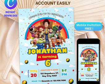 Modèle d'invitation d'anniversaire Toy Story modifiable, faire-part de fête d'anniversaire, toile modifiable d'anniversaire, invitation numérique d'histoire de jouet d'anniversaire