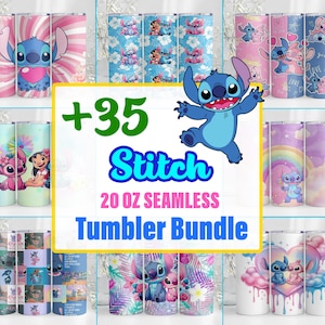 May include: A digital collection of 35 seamless 20 oz tumbler designs featuring the character Stitch in various colorful patterns, including floral, rainbow, and heart themes, with the text +35 Stitch 20 OZ SEAMLESS Tumbler Bundle.