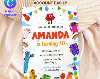 Bloques de números editables, invitación de cumpleaños, invitación imprimible para fiesta de cumpleaños, invitación digital para fiesta infantil, invitación de cumpleaños inspirada en números