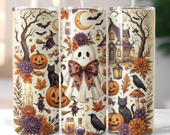 Diseño PNG de vaso con fantasma de Halloween, vaso delgado de 20 oz para sublimación, diseño de calabaza de otoño para descargar.