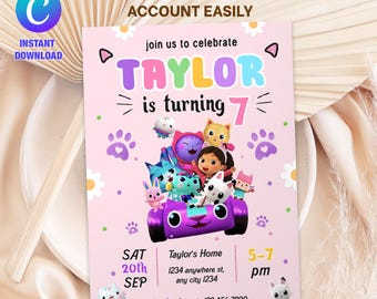 Invitation d'anniversaire modifiable Gabbys Dollhouse, Gabby Kids Party invite, modèle imprimable de Gabby, téléchargement numérique Gabby Dollhouse Invite