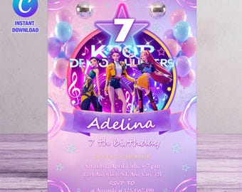 faire-part d'anniversaire kpop | Invitation d'anniversaire de chasseurs de démons Kpop | Modèle de toile modifiable | Invitation anime Kpop | Carte d'invitation imprimable