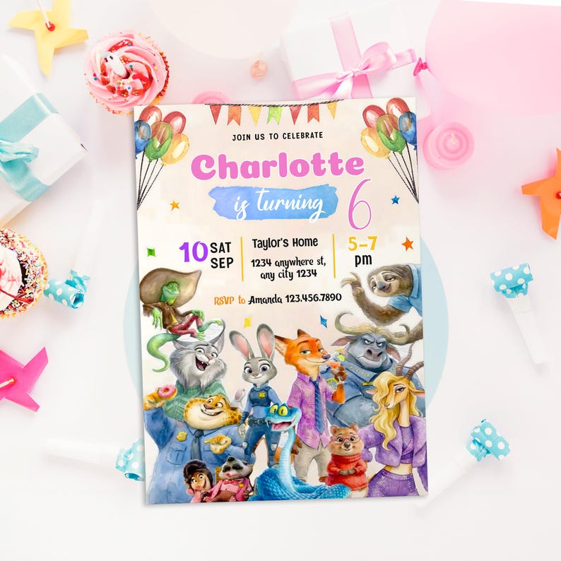 May include: A colorful birthday party invitation featuring cartoon characters. The invitation reads "Charlotte is turning 6" with event details. Balloons and stars decorate the design. The invitation is surrounded by party decorations.