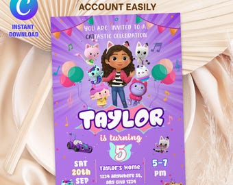 Invitation d'anniversaire modifiable Gabbys Dollhouse, Gabby Kids Party invite, modèle imprimable de Gabby, téléchargement numérique Gabby Dollhouse Invite