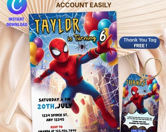 Modèle modifiable d'invitation d'anniversaire Spider Man, invitation mobile Spiderman, carte Spiderman, invitation numérique à une fête d'enfants, invitation Spiderman