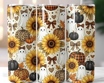 Diseño PNG para vaso de fantasma de Halloween, sublimación para vaso delgado de 20 oz, descarga de diseño para calabaza de otoño con estampado de girasol y leopardo