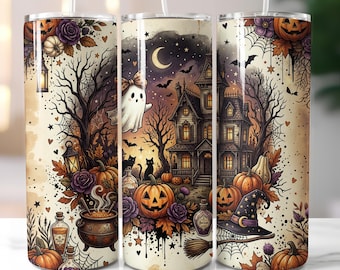 Diseño PNG de vaso con fantasma de Halloween, vaso delgado de 20 oz para sublimación, diseño de calabaza de otoño para descargar.