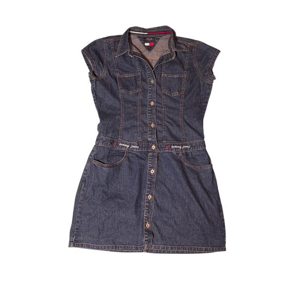 Tommy Jeans Denim Shirt Short Dress w/Pockets • Large • Button Front Cap Sleeve Dark Wash • Y2K Retro Casual Utility Dress Tommy Girl