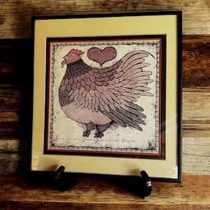 Home Decor American Folk Art Print wall or desk home decor - 10.5x11.5 framed and matted - Folk Art Hen / Chicken - Americana Folk Art
