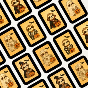 May include: A collection of Halloween-themed cards featuring sloths in various costumes. Each card has a sloth dressed as a vampire, mummy, skeleton, ghost, and witch, holding a jack-o'-lantern. Black bats are also featured on the cards.