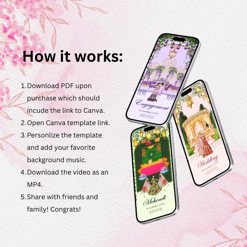 May include: Three smartphones displaying wedding-themed designs. The phones show the words "Engagement", "Mehndi", and "Wedding". The text "How it works:" is at the top, followed by numbered instructions. Pink floral accents are in the background.