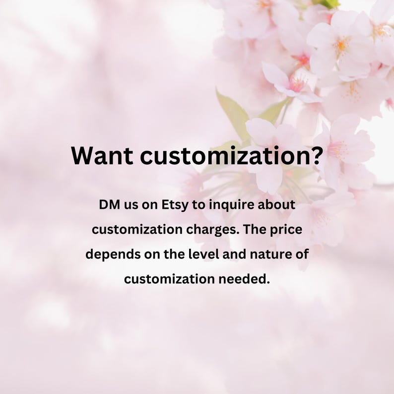 May include: A soft, blurred background with pink and white flowers in the upper right corner. The text "Want customization?" is in the center, followed by information about custom orders and Etsy inquiries.